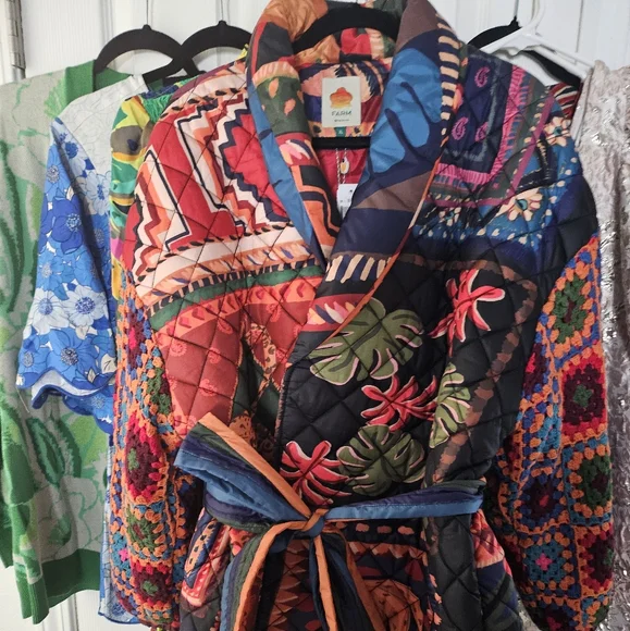 Farm Rio Patchwork Tapestry Crochet Puffer Jacket - Picture 2 of 7